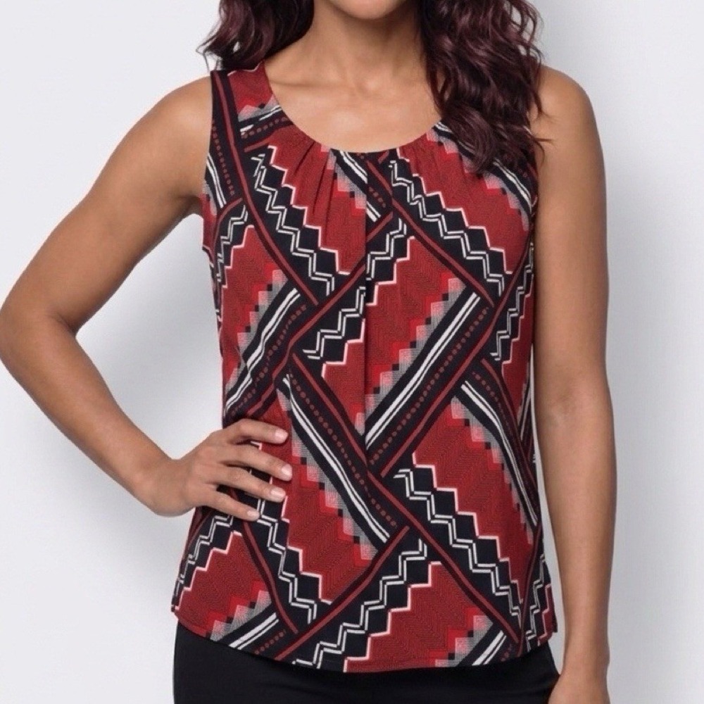 Chico's Sleeveless Top Women 3 (16-XL) Red Black Geometric Print Stretch Blouse